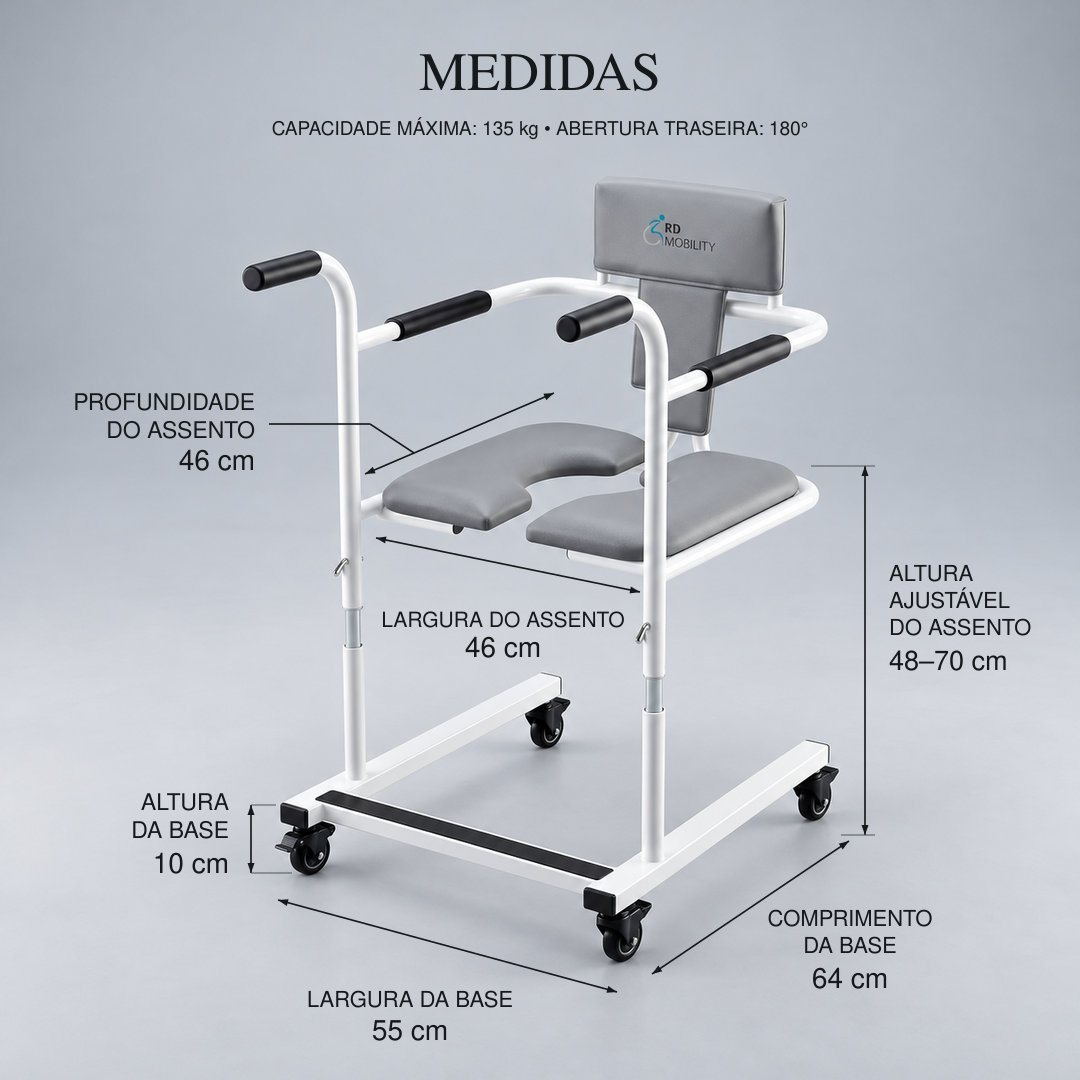 Medidas da cadeira RD Mobility com capacidade máxima de 135 kg